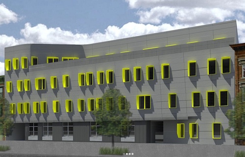 An earlier rendering showed neon yellow trim on the windows. Rendering by S3
