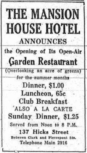 Ad for Mansion House Hotel restaurant. From Brooklyn Eagle, 1928