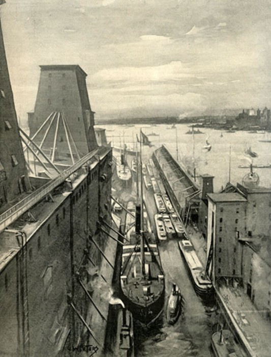Grain warehouses and Red Hook docks, Harper's Weekly, 1897, via Maggieblanck.com