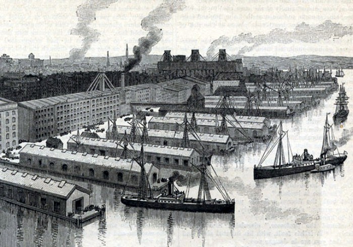 Grain warehouses in background, Red Hook. From Frank Leslie's Monthly, 1886, via maggieblanck.com