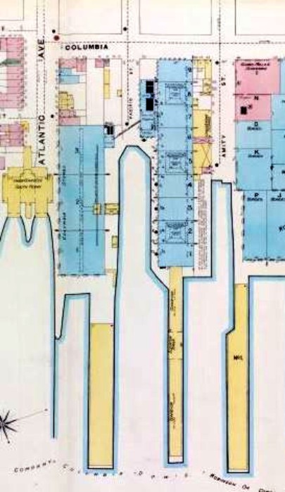 Pacific/Amity/Columbia St area, with grain warehouses. Red Hook. 1886 map, New York Public Library