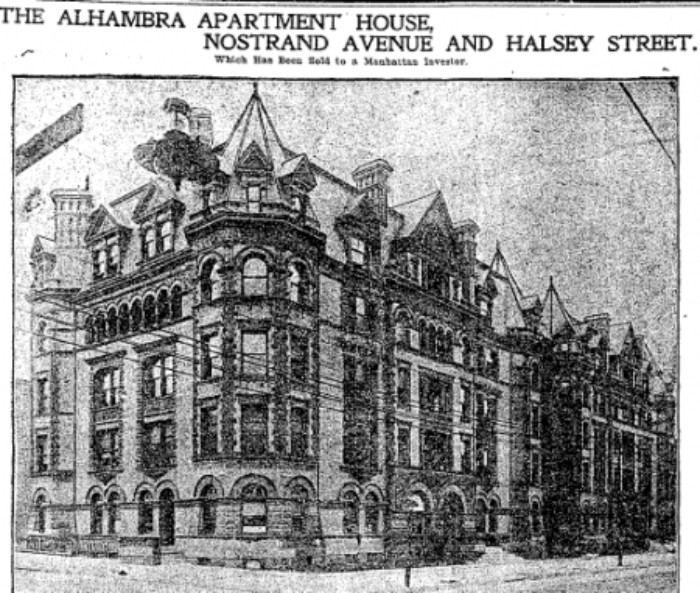 The Alhambra, as originally designed without current storefronts. Brooklyn Eagle.