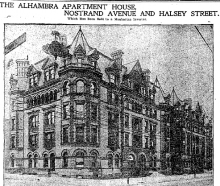 The Alhambra, as originally designed without current storefronts. Brooklyn Eagle.
