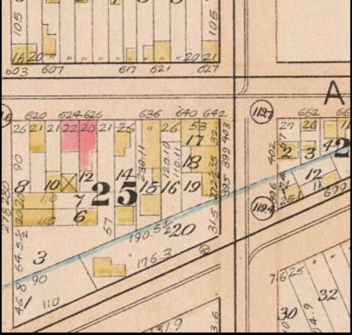 1888 map. Property is number 18, at center of map. Map: New York Public Library.