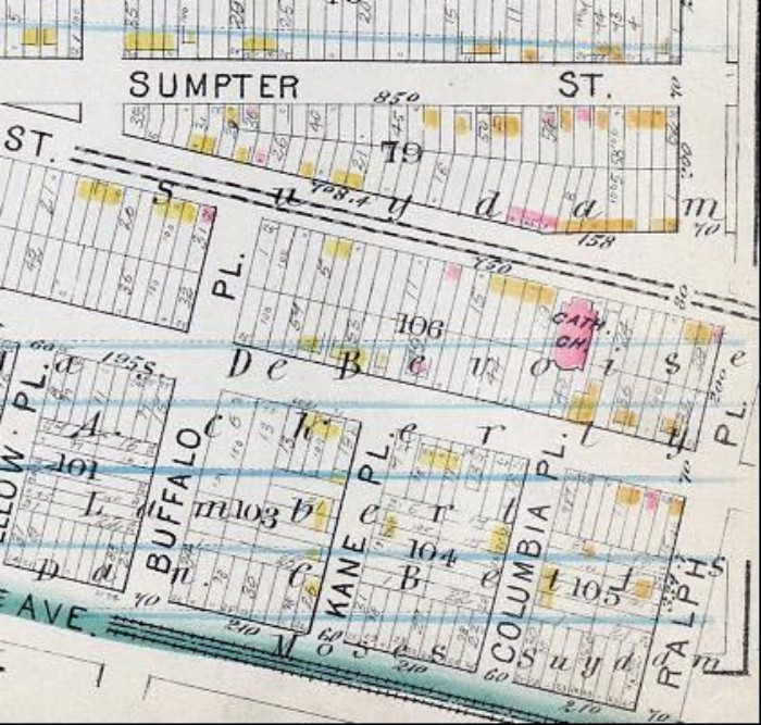 1880 map. The properties are located right below "106" and in the "e" of DeBevois. New York Public Library