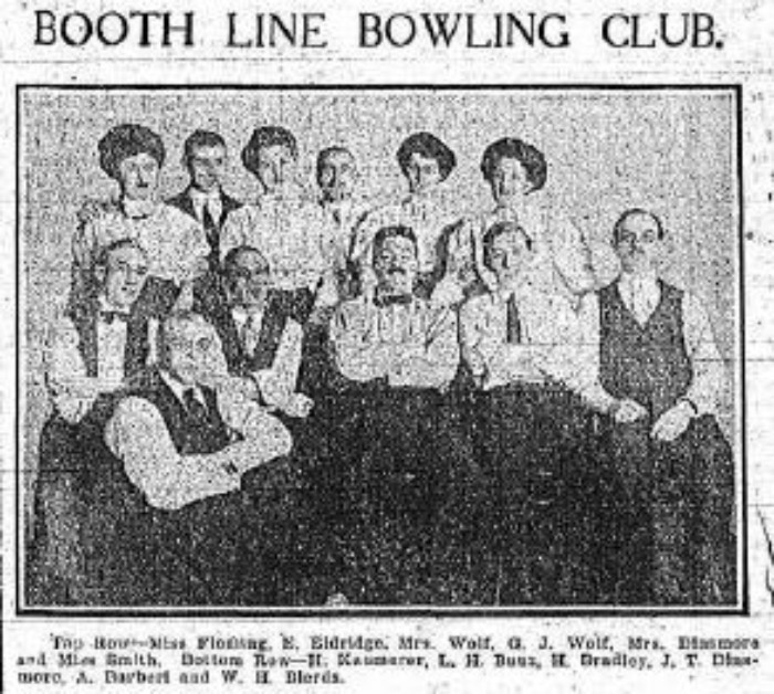 The Booth Line (a shipping company) employee bowling club. Brooklyn Eagle, 1908. They bowled at the Elephant Club.