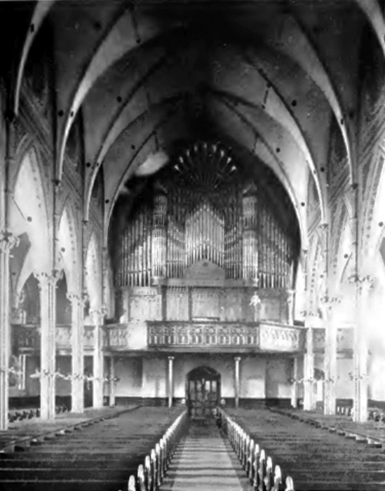 Postcard of the interior, showing new Midmer organ. 1890s. Photo: nycago.org