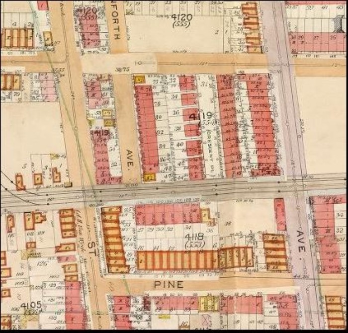 1905 atlas map showing houses flanking row houses. None of them were there in atlas maps printed in 1904. New York Public Library.