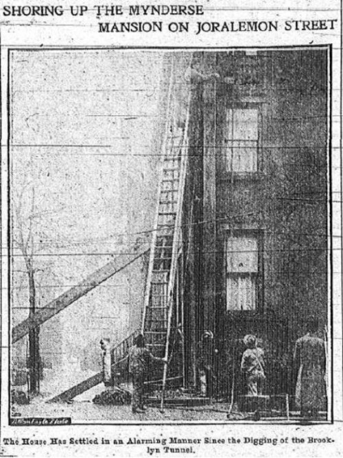 Brooklyn Eagle photograph showing workmen shoring up 94 Joralemon St. 1904