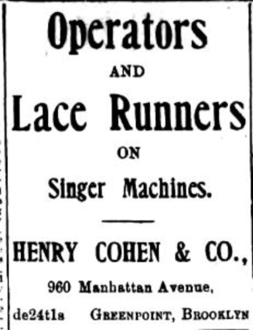 Ad for lace factory. Brooklyn Daily Star. 1900