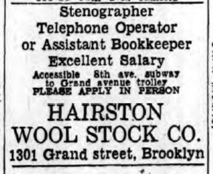 1944 ad for jobs. In women's section of want ads, Long Island Daily Press.