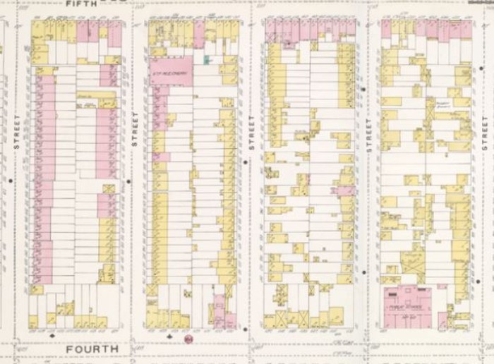 18th is first full block on the left. These houses are just above the dot in the middle of the block, next to the wood framed house in the middle of the block, left side. 1888 map, New York Public Library