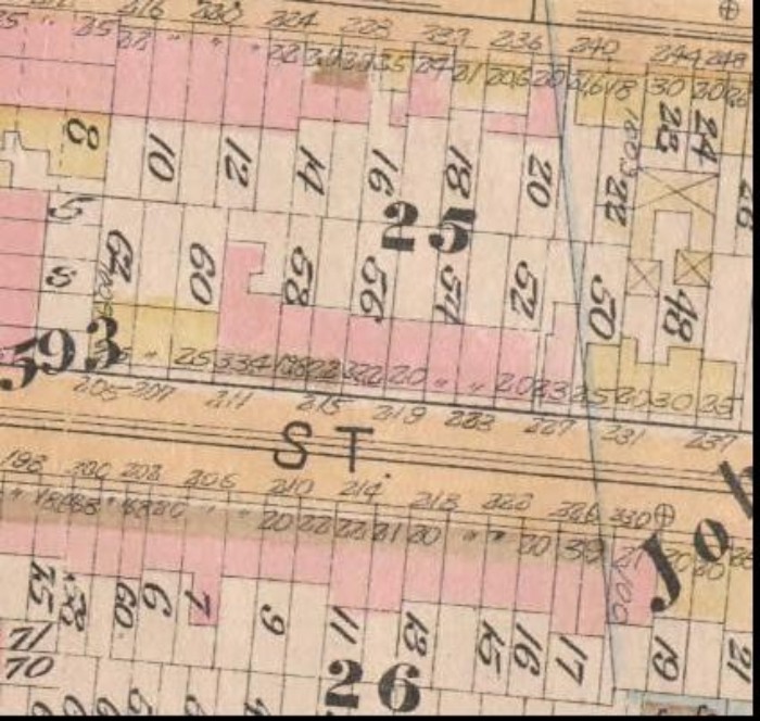 1886 map. 211 is the large house with the big extension, in between plots 58 and 60. New York Public Library.