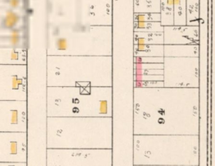 Houses are the upper pair on the right. The Elkins house is alone, across the street in lot 95. 1880 map, New York Public Library