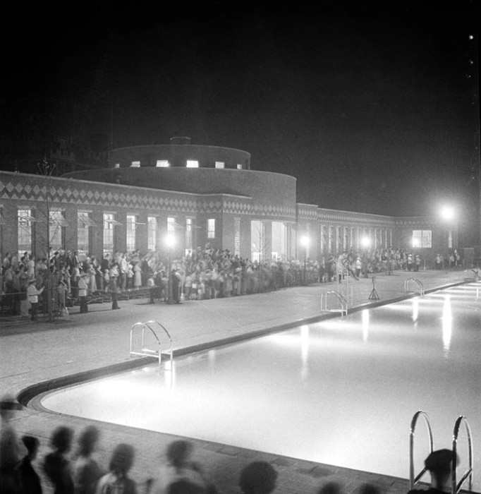 1936 photo: Mayor Fiorello LaGuardia throws switch to open pool. Photo: nycgovparks.org