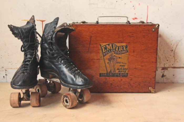 1940s women's roller skates and wooden case. Empire Rollerdrome. Photo: Etsy
