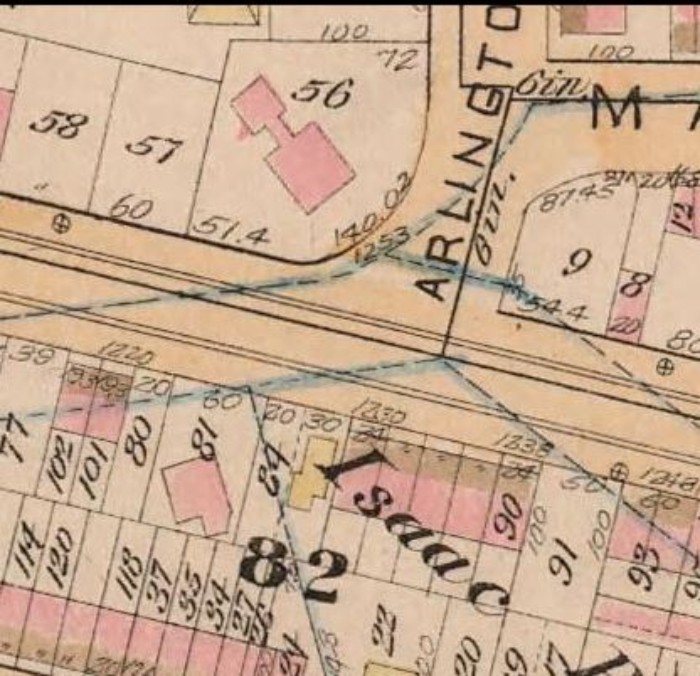 1884 Map showing Squire's house on corner, yellow  Rem Lefferts house across street. NY Public Library