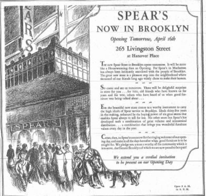 Spear's Opening Day ad. Brooklyn Eagle, 1928