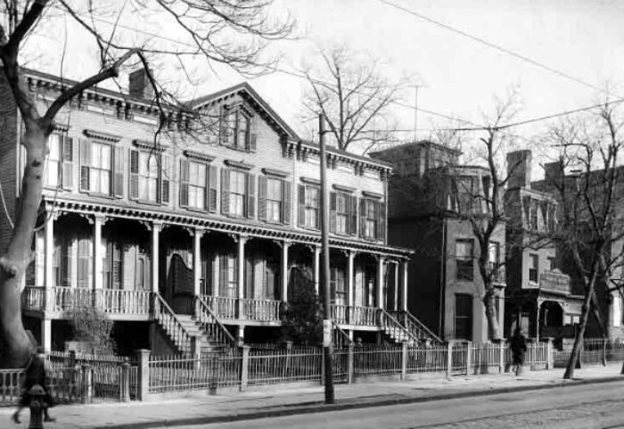 Adjoining row of wood frame houses, also torn down for new YMCA building. 1923 photograph. Brooklyn Public Library