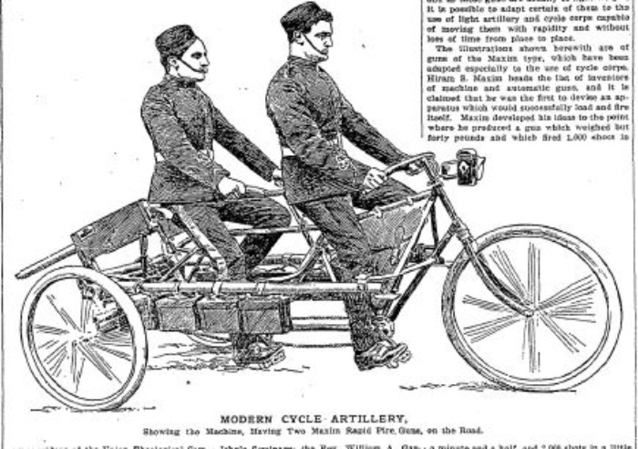 Machine gun carrying tandem bicycle. Brooklyn Eagle cycling special section. April 1898