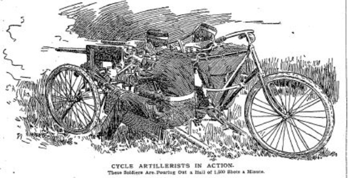 Machine gun bike in action. Brooklyn Eagle cycling special section. April 1898