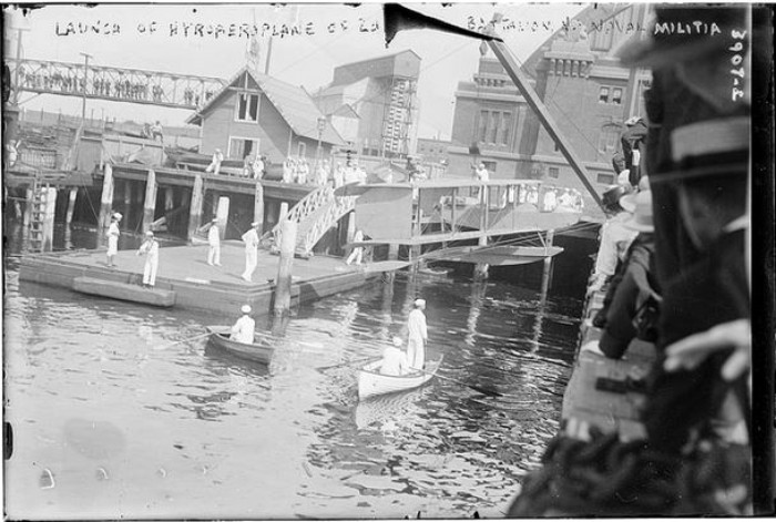 1916 seaplane launch. Back of armory visible. Library of Congress