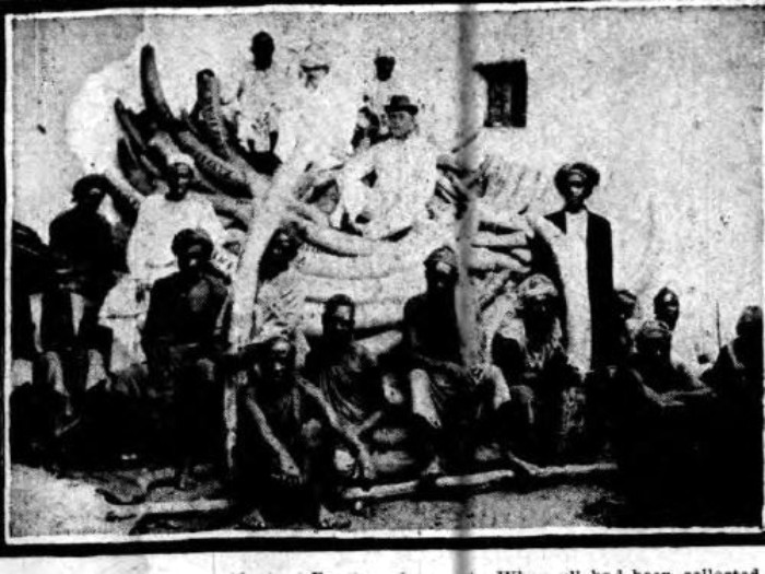 Montreville Howden Smith on his load of ivory, surrounded by slaves. NY Herald, 1901