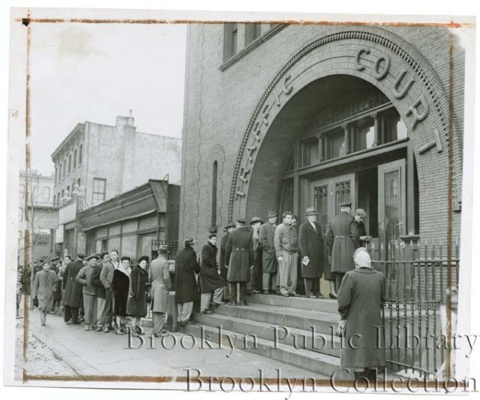 1948 Photo. People on line for driver's licenses and registration. Brooklyn Public Library.