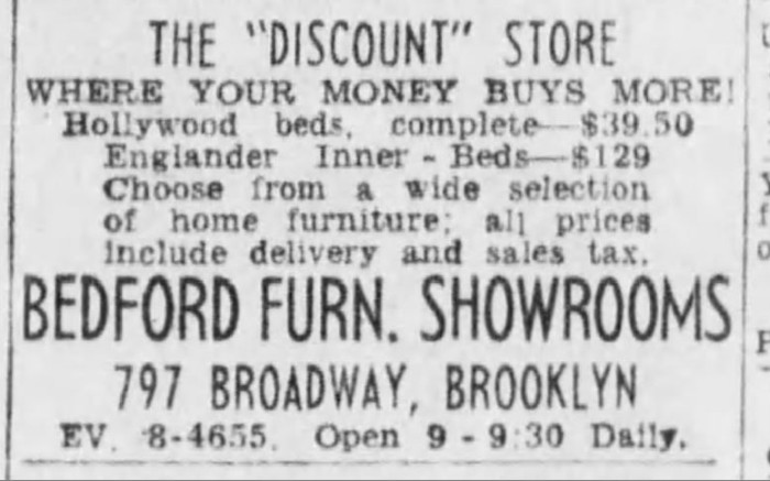 Ad for BEdford Furniture Showrooms. Brooklyn Eagle, 1954