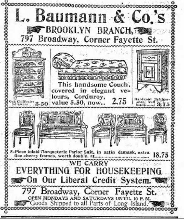 Ad for Baumann's Furniture, Brooklyn Eagle, 1899