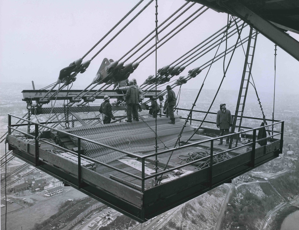 Working platform for catwalk on the Verrazano Bridge, 12-27-62. Photo by Lenox Studios. Courtesy of MTA Bridges and Tunnels Special Archive