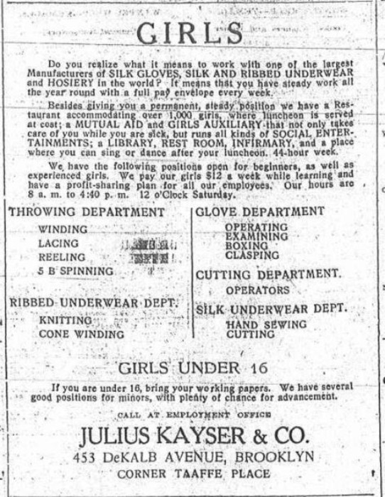 Employment ad, 1920, Brooklyn Eagle