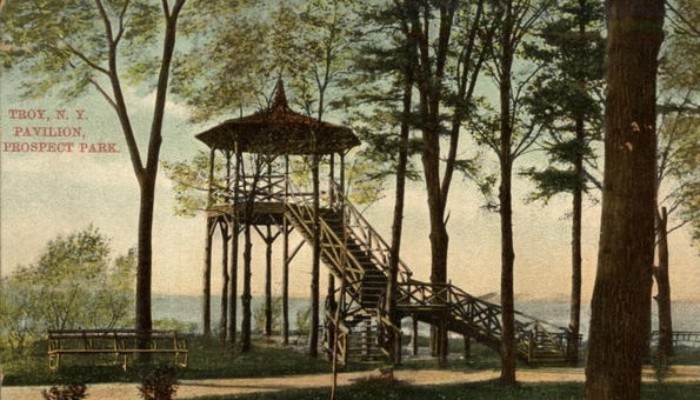 The overlook tower (long gone.) Prospect Park, Troy. Postcard: Ebay