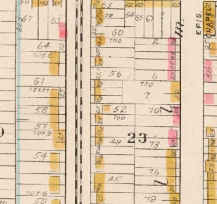1880 map. Property is listed "52" on map. Source: New York Public Library