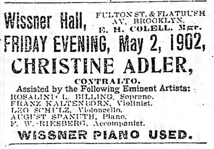 Ad for Wissner Hall. 1902 Brooklyn Eagle