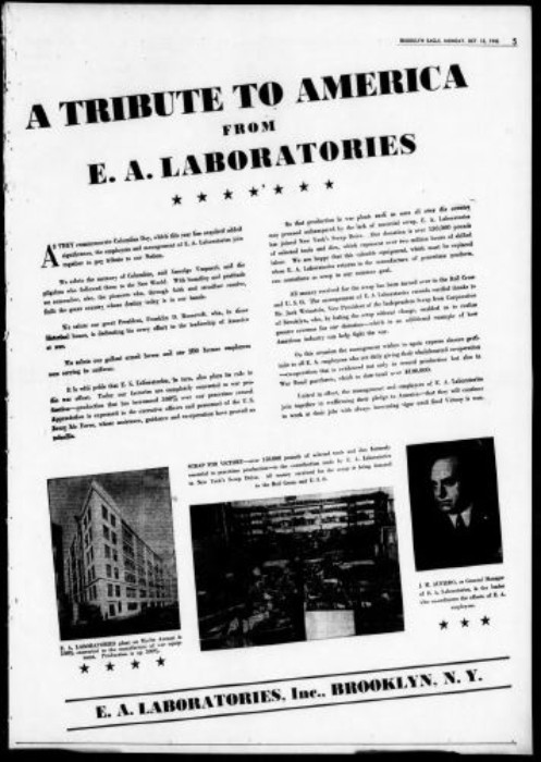 E.A. Laboratories, 692-696 Myrtle Ave, 1942 ad. war effort. BE