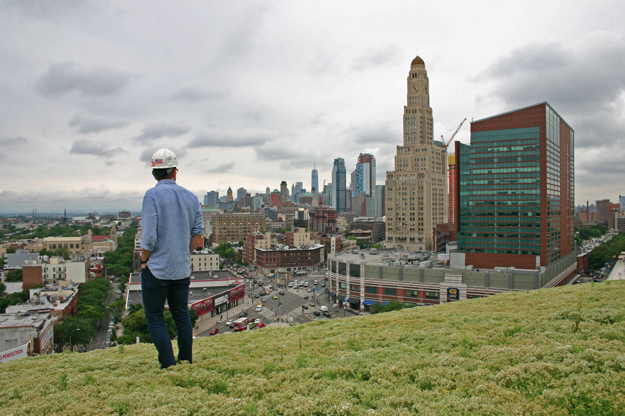 Standing on Barclays Center’s green roof. Photo by Chris Ryan for The Architect’s Newspaper.