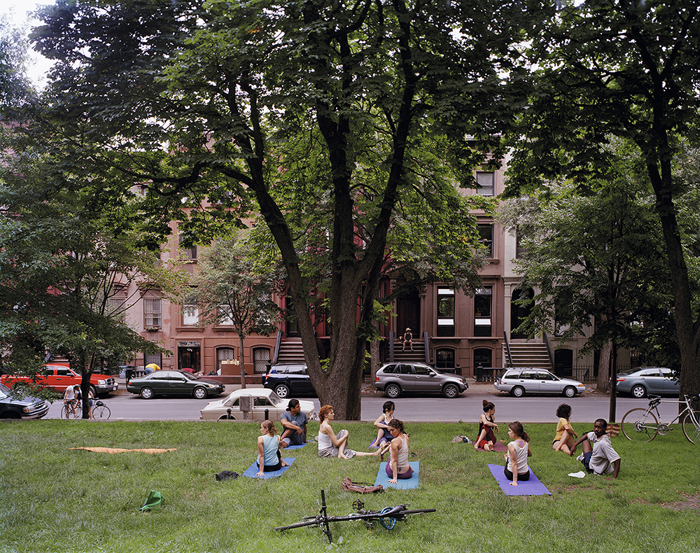 Fort Greene Park, yoga class at the east end of the park, summer.