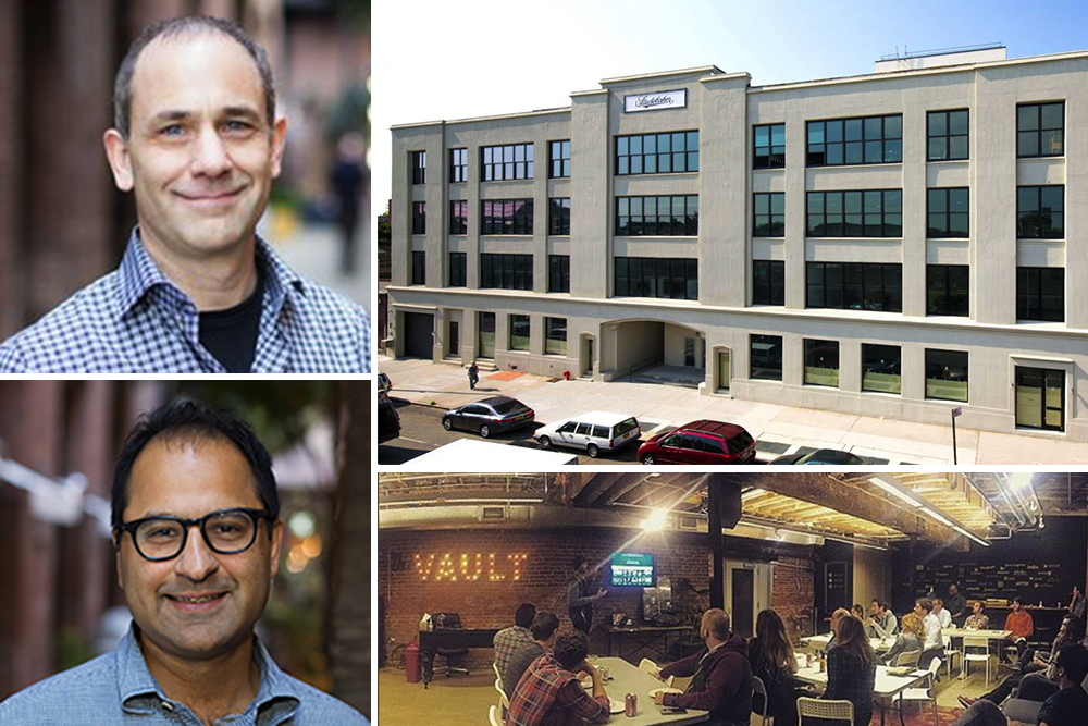 Clockwise from top left: Vault co-Founder Kevin Smith, Vault's future Crown Heights location in 1000 Dean, Vault's current space in San Francisco, and Vault co-Founder Sanjay Mody.