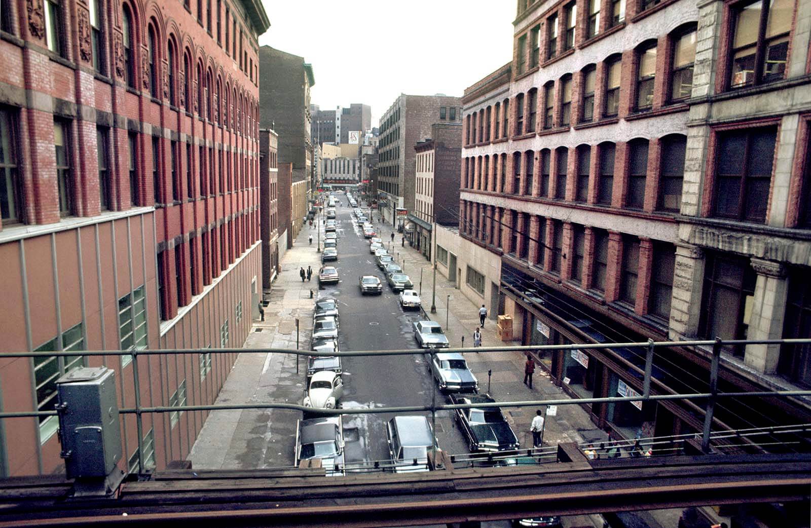View from the western terminus of the line at Bridge and Jay streets in Downtown Brooklyn, October 1969.