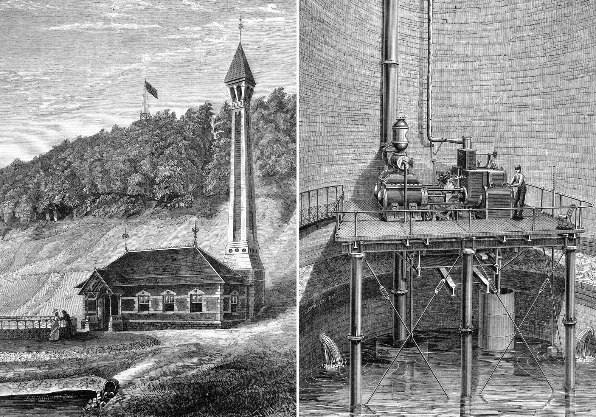 The exterior and interior of the well as depicted in 1872, soon after completion. Image via The Engineer