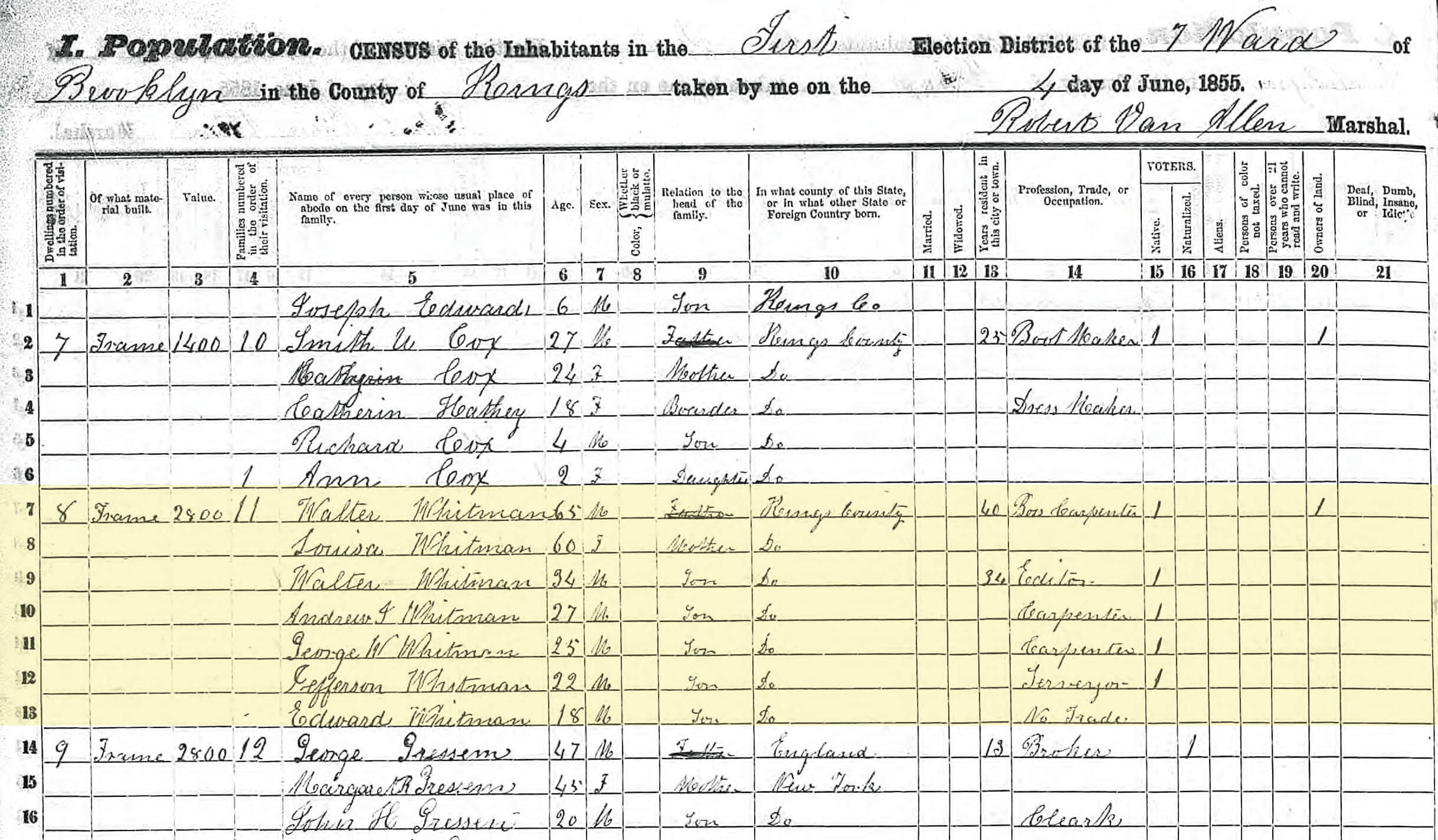walt whitman 99 ryerson wallabout 1855 census