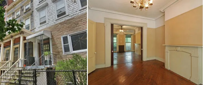 collage of exterior and an interior with a mantel