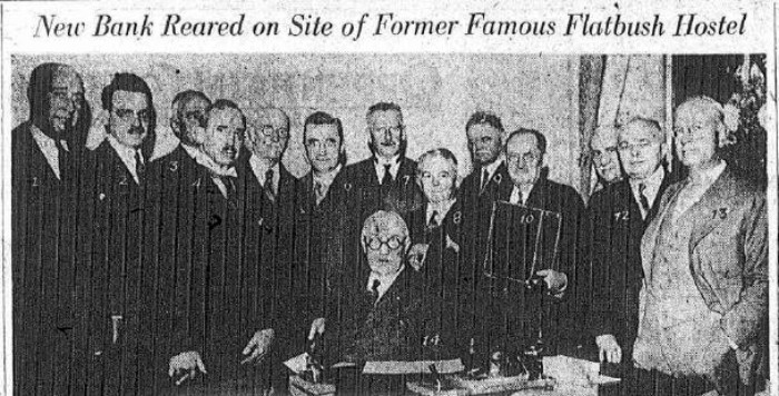 1931 photo of bank opening. Jacob Dangler is holding the portfolio. Brooklyn Eagle