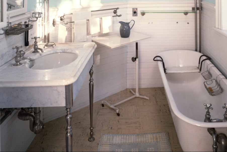 Late 19th century bathroom at the Codman House. Photo via Historic New England