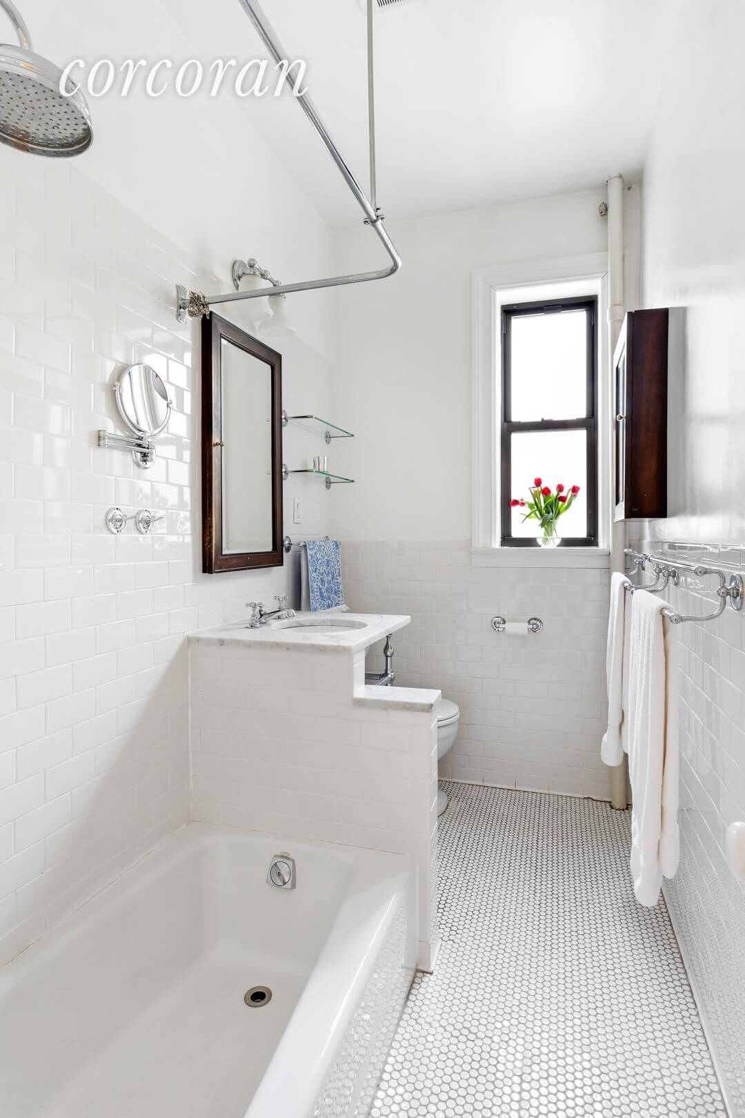 brooklyn home company park slope apartment cococozy bathroom bath sink  black beadboard bead board wall ceiling marble floor shower