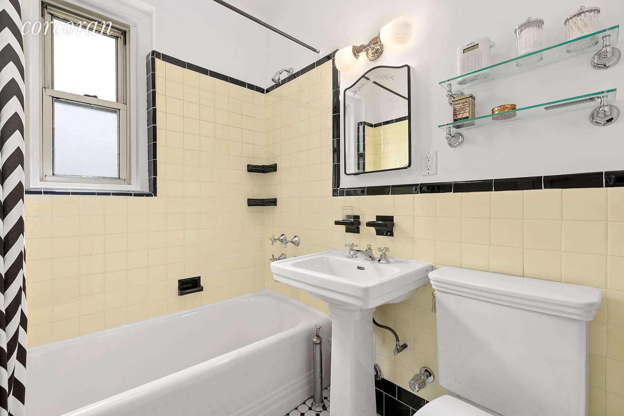 brooklyn home company park slope apartment cococozy bathroom bath sink  black beadboard bead board wall ceiling marble floor shower