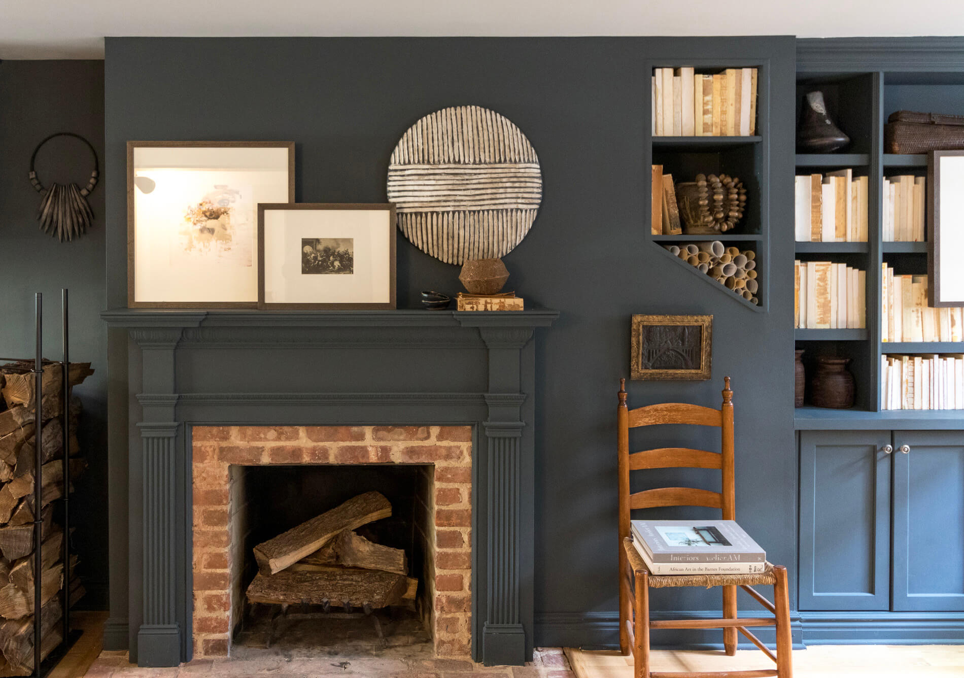 fireplace and bookshelves