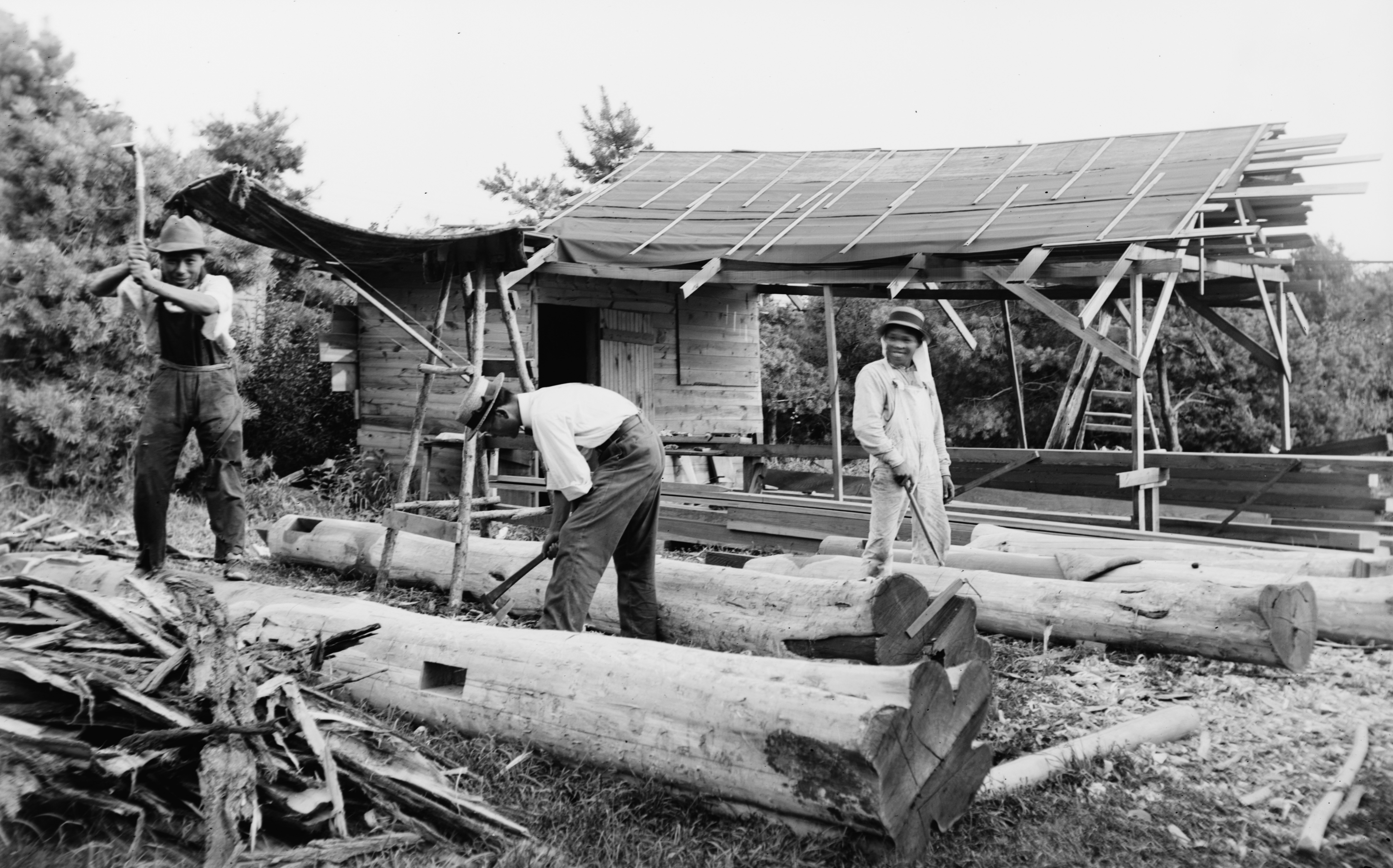 workers constructing Japanese hill pond and garden