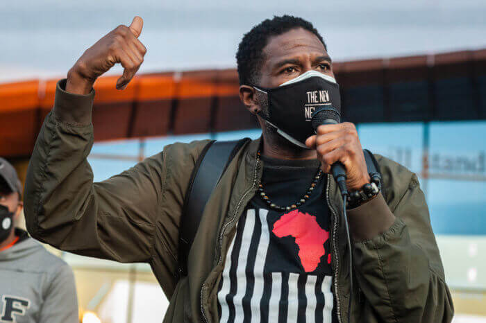 Public Advocate Jumaane Williams speaks to the crowd at Barclays Center